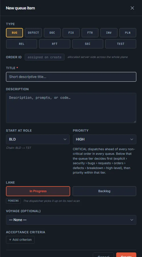 Maestro Hub New queue item panel: choose the order type, write the title and description, pick the starting role, priority and voyage