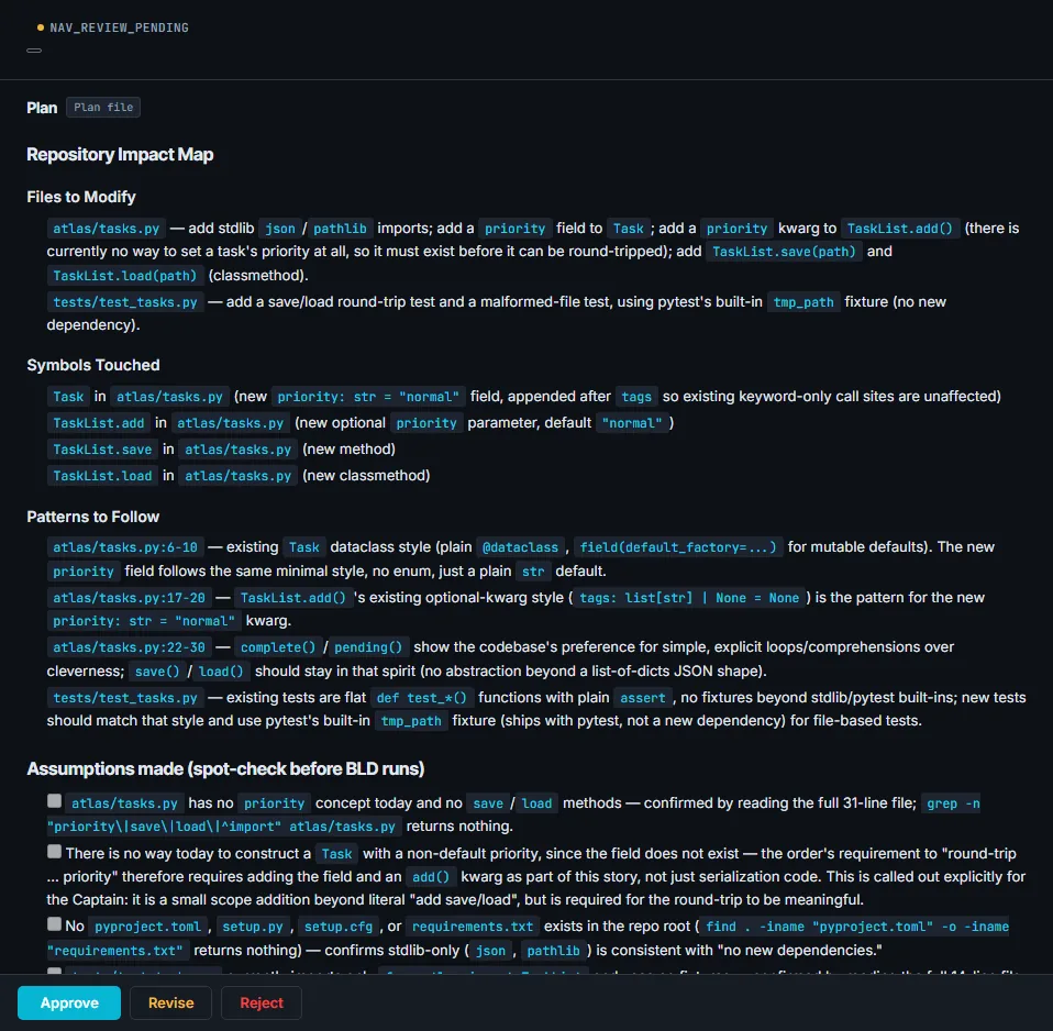 Maestro Hub review page showing a planner's written plan, with Approve, Revise and Reject buttons